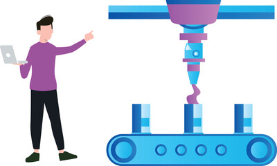 Boy standing next to machine with laptop.