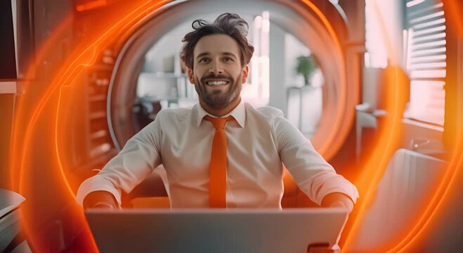 a happy handsome man wearing an orange necktie and white shirt appears from an orange dr. strange effect wormhole in the office, holding a laptop