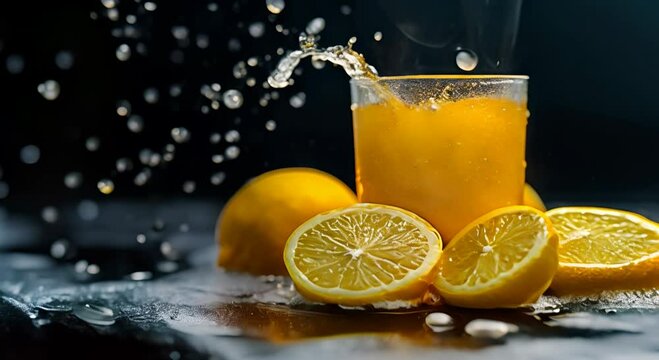 Lemon Juice, food photography, lemon juice with black background, product shot, high resolution