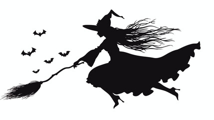 Silhouette of a female witch ride broom Vector illustration