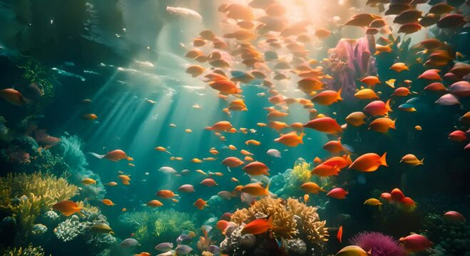 A diverse coral reef teeming with colorful fish and vibrant coral formations. Beams of sunlight pierce through the clear water, award winning photography, detailed composition, High resolution, 4K,