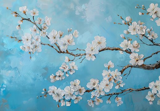 White cherry blossoms on a tree against a blue sky background, in the style of Chinese artist