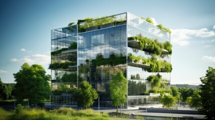 Eco-friendly glass office facade with extensive green landscaping, urban sustainable architecture concept