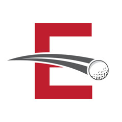 Golf Logo On Letter E Concept With Moving Golf ball Symbol. Hockey Sign