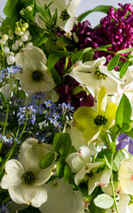 Close up bouquet of beautiful spring flowers. Dogwood flowers, lilies of the valley, lilac, periwinkle, green leaves. Still life, low key photo.
