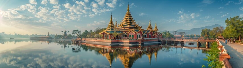 Thai cultural landscape: River view, town panorama, temples, architecture, Asian tourism, Bangkok, royal palace, pagodas, traditional art, Buddhist culture, observation points, sky, ancient, cultural  - obrazy, fototapety, plakaty