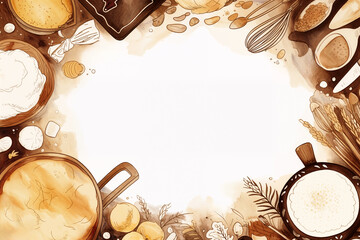 Baking Essentials and Spices in Kitchen Layout Flat Lay, Watercolor Illustration with Copy Space, Recipe Background, Cooking Workshop Poster, Homemade Cuisine Banner, Culinary, Food Blog Template