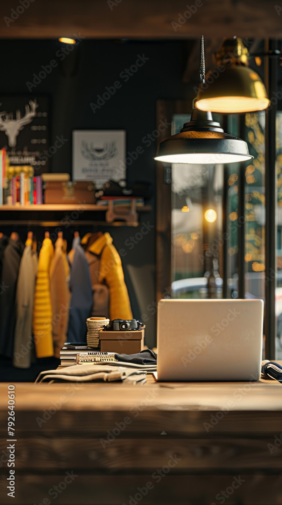 Poster a store with a desk and a laptop on it