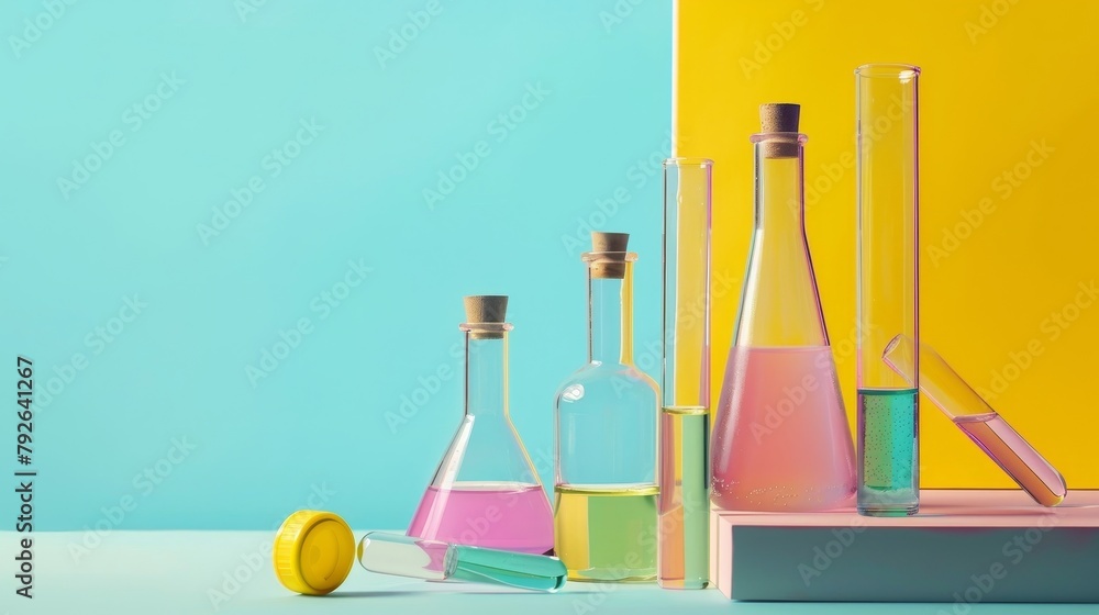 Poster a test tube with a colorful solution in lab.