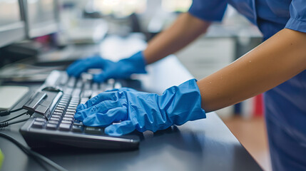 Medical scientist, lab assistance using keyboard to analyse a report, close up view of blue gloved hands