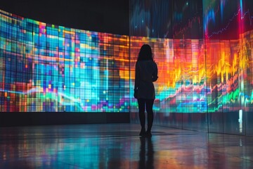 Obraz premium Image of a person analyzing market trends on a large digital screen.