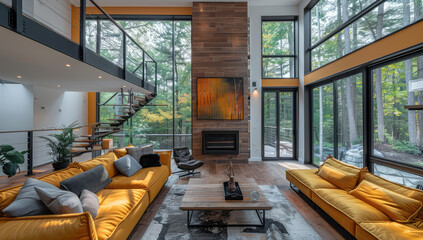 A stunning highend modern living room in the mountains of British Columbia, large windows and fireplace with wood floors, yellow sofa. Created with Ai - obrazy, fototapety, plakaty