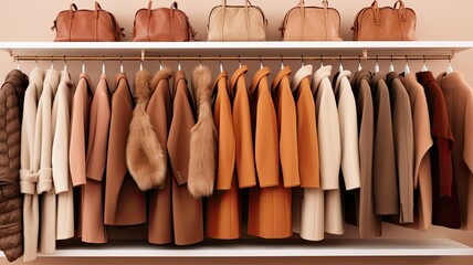 a collection of light brown sweaters neatly arranged on hangers in a well-lit and stylish boutique setting. the classic and timeless appeal of these sweaters. - obrazy, fototapety, plakaty