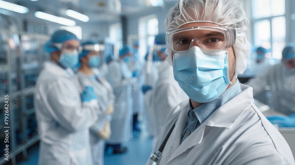 Poster a scientist looking at the camera in a laboratory.
