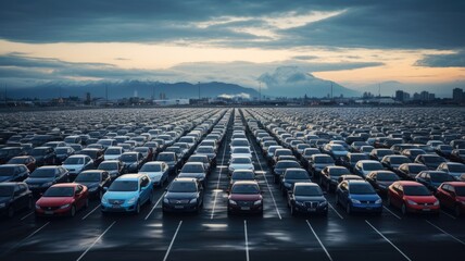 Fototapeta premium aerial photo capturing the organized arrangement of brand-new cars lined up at the port, ready for import and export logistics. This scene highlights the efficiency.