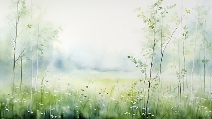 watercolor drawing of a forest landscape, light green spring trees on a white background, soft color copy space