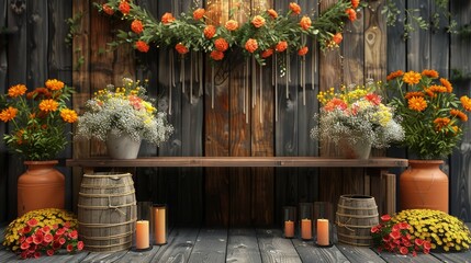 A Rustic Wedding Stage Podium Adorned with Wildflowers, Twine, and Wooden Accents, Evoking a Cozy and Intimate Atmosphere