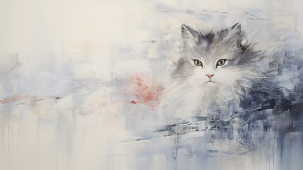 art work, portrait of a cat on a white background in light blue tones, background copy space, postcard impressionism