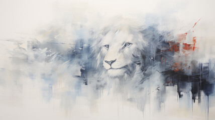 art work portrait of a lion on canvas in light white and blue tones drawing impressionism style