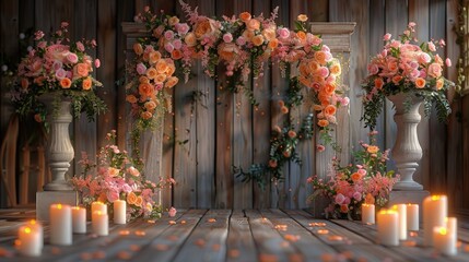 Fototapeta na wymiar Rustic wedding stage podium crafted from weathered wood, adorned with wildflowers, and illuminated by warm candlelight, exuding a cozy and intimate charm.