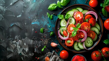 Fresh salad with juicy tomatoes, crispy cucumbers, and vibrant basil. Perfect for healthy lifestyle enthusiasts. Ideal for culinary websites. Stock food photo. AI - obrazy, fototapety, plakaty