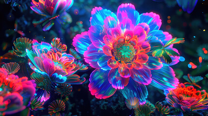 Fototapeta na wymiar Fantastic cosmic flowers in neon shades. Generative AI