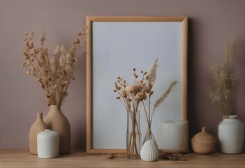 home frame mockup Working plants dried pastel vases Modern flowers hanging office wooden house picture space interior Boho-shaped Empty table wall