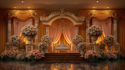 Obraz premium Glamorous wedding stage podium adorned with sparkling crystals, lush velvet drapery, and abundant floral arrangements, for a luxurious and extravagant setting.