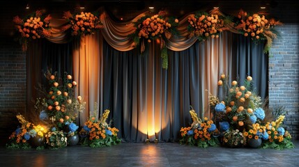 Fototapeta na wymiar A Wedding stage Podium Draped in Luxurious Fabrics, Adorned with Cascading Flowers, and Softly Illuminated with Romantic Lighting.