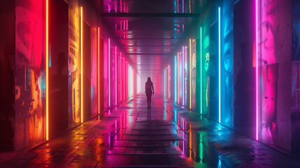 Silhouetted figure in vivid neon-lit corridor