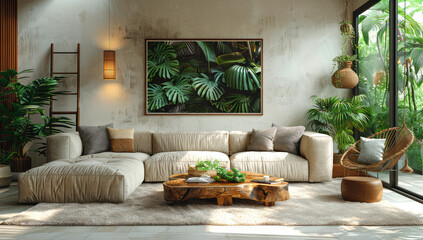 A living room with plants, a white sofa and a wooden coffee table, a large window, a green plant hanging on the wall, plants in pots placed around the space. Created with Ai - obrazy, fototapety, plakaty