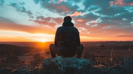 A silhouette of a man sitting on a rock.