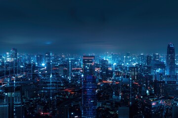 Panoramic aerial view on city skyline with smart services and icons, internet of things, network and augmented reality concept, night scene with generative ai