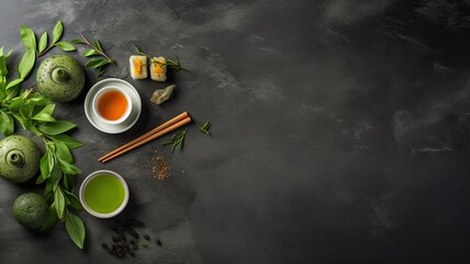 rice sushi presented with Chinese chopsticks against a dark background with hues of green, evoking a sense of culinary elegance.