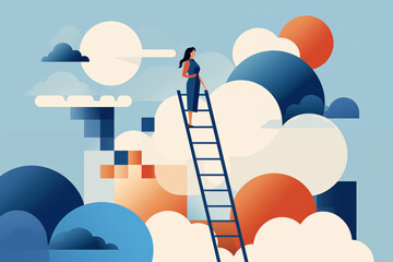 Business graphic vector modern style illustration of a business woman climbing a ladder representing career progression breaking glass ceiling working up through company achieving success reaching