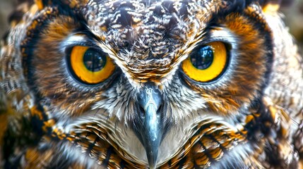 Captivating Close-Up Portrait of an Owl with Intense Yellow Eyes, Perfect for Wildlife Enthusiasts. Vivid, Detailed Photography. AI