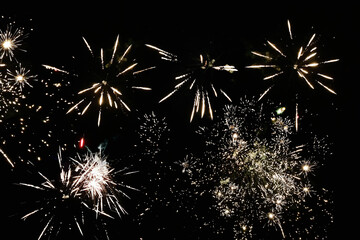 Fireworks light display on black sky background. Celebrate background