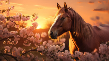cute horse with flowers on background