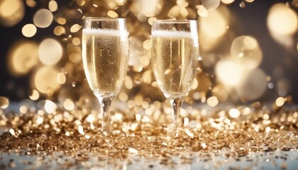 'Champagne party confetti celebration christmas new year champaign background happy goggles toast wine year's eve 2 night glistering gold streamer fireworks light bo' - obrazy, fototapety, plakaty