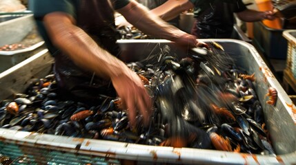 A blur of hands digging through bins of fresh squirming crabs clams and mussels the kinetic energy palpable in the air. .