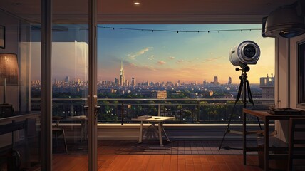 the urban landscape with a realistic photo of a CCTV camera overlooking the city skyline,...