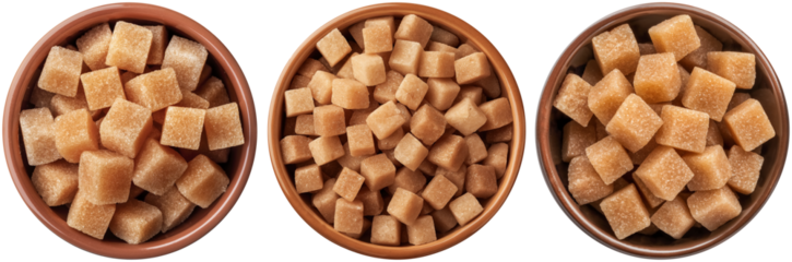 Set of  brown sugar cubes in a bowl