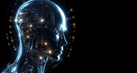 Artificial intelligence, composition of a chrome cyborg robot on a dark background, isolate. AI generated.
