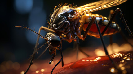 Close-up of a photorealistic mosquito on human skin, capturing intricate details and textures, Malaria, dengue