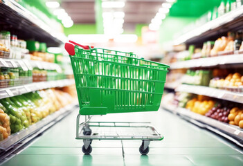 'background defocused aisle store grocery blur abstract cart shopping supermarket green Empty market shelf retail purchase variety streetcar client consumer consumption hypermarket lifestyle good' - obrazy, fototapety, plakaty