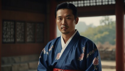 handsome middleaged man wearing traditional korean clothing hanbok from Generative AI - obrazy, fototapety, plakaty