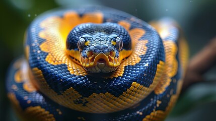 Fototapeta premium Ball Python: Curled up in a symmetrical coil, showcasing its intricate pattern.