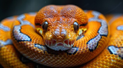 Fototapeta premium Ball Python: Curled up in a symmetrical coil, showcasing its intricate pattern.