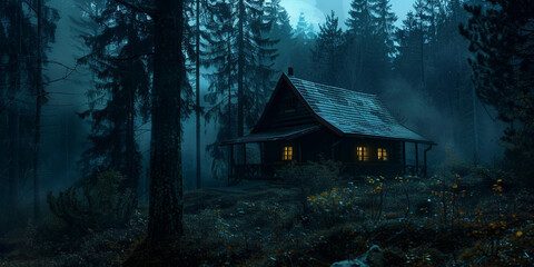 Cabin in the middle of the dark night forest. underexposure photo.