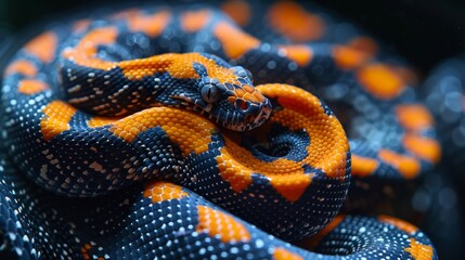 Ball Python: Curled up in a symmetrical coil, showcasing its intricate pattern. - obrazy, fototapety, plakaty